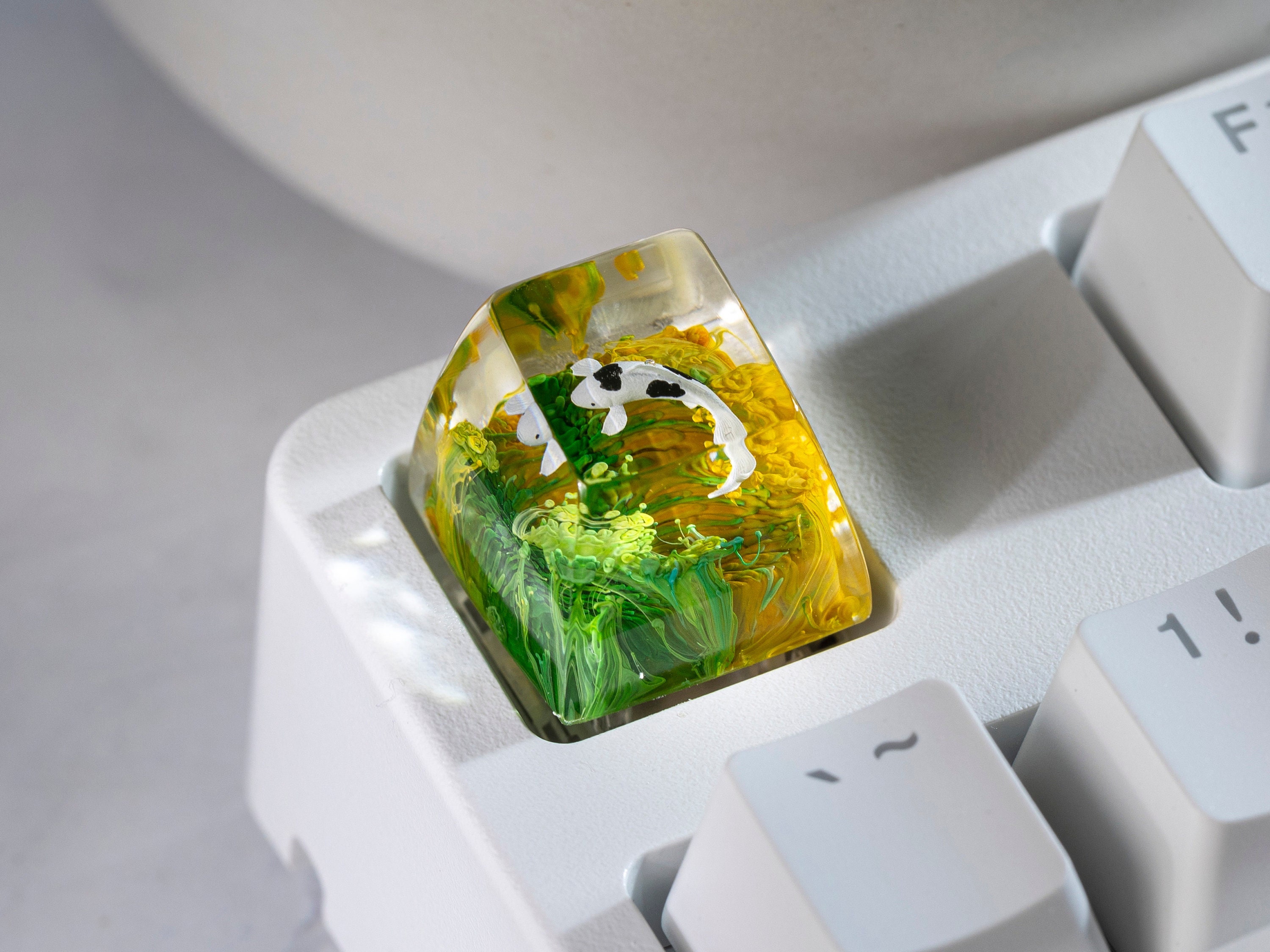 Koi Fish Keycap, Green & Yellow Coral, Artisan Keycap, Japanese Koi, Keycap for MX Cherry Switches Keyboard, Handmade Gift
