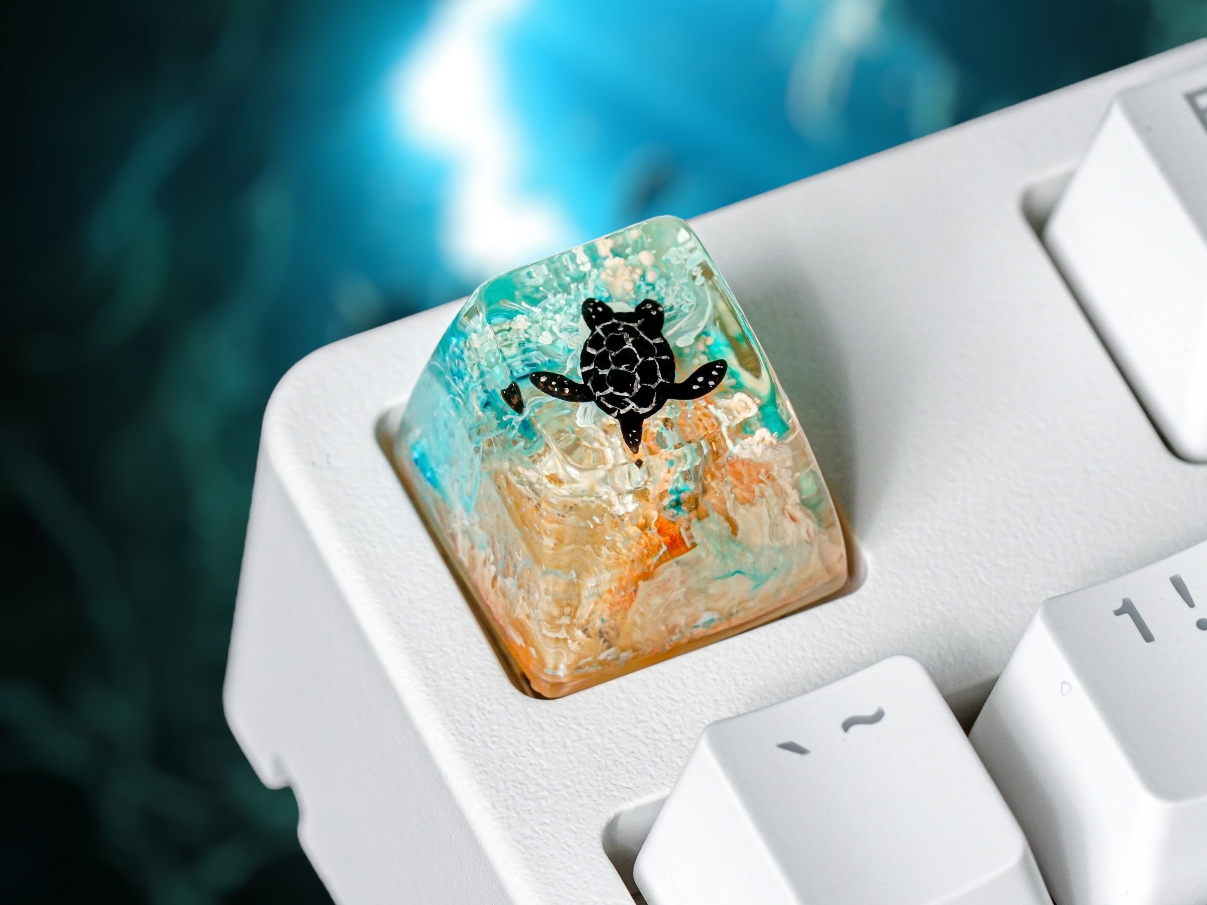 Black Turtle Keycap, Orange Blue Coral, SA Profile Keycap, Keycap for MX Cherry Switches Mechanical Keyboard, Handmade Gift